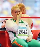 18 August 2008; Eileen O'Keeffe, Ireland, reacts after her first attempt in Group B qualifying in the Women's Hammer. She threw a best of 67.66m but failed to qualify for the final. Beijing 2008 - Games of the XXIX Olympiad, National Stadium, Olympic Green, Beijing, China. Picture credit: Brendan Moran / SPORTSFILE