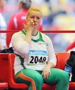 18 August 2008; Eileen O'Keeffe, Ireland, reacts after her first attempt in Group B qualifying in the Women's Hammer. She threw a best of 67.66m but failed to qualify for the final. Beijing 2008 - Games of the XXIX Olympiad, National Stadium, Olympic Green, Beijing, China. Picture credit: Brendan Moran / SPORTSFILE