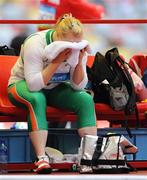 18 August 2008; Eileen O'Keeffe, Ireland, reacts after her second attempt in Group B qualifying in the Women's Hammer. She threw a best of 67.66m but failed to qualify for the final. Beijing 2008 - Games of the XXIX Olympiad, National Stadium, Olympic Green, Beijing, China. Picture credit: Brendan Moran / SPORTSFILE