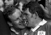 1 September 1985; Joachim Kelly, left, and Padraig Horan, Offaly celebrate after victory against Galway, Offaly v Galway, All Ireland hurling Final, Croke Park, Dublin. Picture credit; Ray McManus/SPORTSFILE