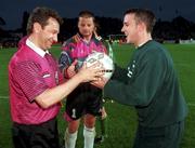 Referee Andrei BOUTENKO, Russia presents the match ball to David Connolly. Ireland v Liechtenstein  21/5/97 Lansdowne Road. Soccer. Photograph David Maher/SPORTSFILE
