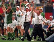 Former Rep of Ireland Manager Jack Charlton celebrates after victory over Italy in Giants Stadium,  New York, during the 1994 World Cup Finals. Soccer. Pic Ray McManus/SPORTSFILE.