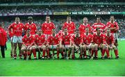 12 September 1999; The Cork team, back row, left to right, Diarmuid O'Sullivan, Brian Corcoran, John Browne, Fergal McCormack, Wayne Sherlock, Donal Óg Cusack, Seán Óg Ó hAilpín, front row, left to right, Seánie McGrath, Mickey O'Connell, Ben O'Connor, Mark Landers, Neil Ronan, Fergal Ryan, Timmy McCarthy, and Joe Deane prior to the GAA Hurling All-Ireland Senior Championship Final match between Cork v Kilkenny at Croke Park in Dublin. Photo by Ray McManus/Sportsfile