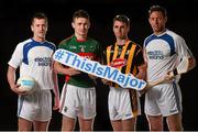 15 June 2015; Pictured at the Electric Ireland All-Ireland Minor Championships #ThisIsMajor launch are, from left to right, Mayo footballers, senior Cillian O’Connor, minor Barry Duffy, and Kilkenny hurlers, minor Tommy Walsh and senior Michael Fennelly. Mayo minor footballer Barry Duffy, Kilkenny minor hurler Tommy Walsh and their senior counterparts Mayo’s Cillian O’Connor and Kilkenny’s Michael Fennelly have teamed up with Electric Ireland, proud sponsor of the All-Ireland Minor Championships, to launch this season’s #ThisIsMajor campaign which coincides with the return of the Minor Championships after the Leaving Cert break. Throughout the Championship fans can follow the action, support the Minors and be a part of something major through the hashtag #ThisIsMajor. Croke Park, Dublin. Picture credit: Ramsey Cardy / SPORTSFILE