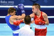 16 June 2015; Myles Casey, Ireland, right, exchanges punches with Ivan Fihurenka, Belarus, during their Men's Fly 52kg Round of 32 bout. 2015 European Games, Crystal Hall, Baku, Azerbaijan. Picture credit: Stephen McCarthy / SPORTSFILE