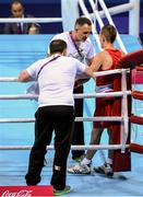 16 June 2015; Myles Casey, Ireland, with coaches Billy Walsh and Zaur Antia, left, during his Men's Fly 52kg Round of 32 bout with Ivan Fihurenka, Belarus. 2015 European Games, Crystal Hall, Baku, Azerbaijan. Picture credit: Stephen McCarthy / SPORTSFILE