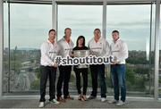 16 June 2015; Dublin football star Michael Darragh MacAuley joined eircom’s GAA ambassadors Tomás O’Sé, Ciaran Whelan, David Brady and Brendan Devenney in eircom’s head office in Dublin today to launch their online platform for supporters of this summer’s GAA Football All-Ireland Senior Championship. The GAA hub, www.eircom.ie/gaa, will see the introduction of a new feature where fans can record and share their views on players throughout the championship via a new audio social network BOAST and be in with a chance to win tickets to the All-Ireland Senior Football Final. #shoutitout.  Pictured at the launch are, from left, Brendan Devenney, David Brady, Lisa Comerford, Director of Brand and Communications, eircom, Ciaran Whelan and Tomás Ó Sé. eircom Head Office, HSQ, Dublin. Picture credit: Brendan Moran / SPORTSFILE