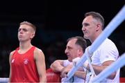 16 June 2015; Coaches Biilly Walsh and Zaur Antia with Kurt Walker, Ireland, during his Men's Boxing Bantam 56kg Round of 32 bout with Nazirov Bakhtovar, Russia. 2015 European Games, Crystal Hall, Baku, Azerbaijan. Picture credit: Stephen McCarthy / SPORTSFILE