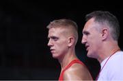 16 June 2015; Kurt Walker, Ireland, accompanied by coach Billy Walsh during his Men's Boxing Bantam 56kg Round of 32 bout with Nazirov Bakhtovar, Russia. 2015 European Games, Crystal Hall, Baku, Azerbaijan. Picture credit: Stephen McCarthy / SPORTSFILE