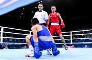 16 June 2015; Kurt Walker, Ireland, waits for Nazirov Bakhtovar, Russia, to get up from the canvas during their Men's Boxing Bantam 56kg Round of 32 bout. 2015 European Games, Crystal Hall, Baku, Azerbaijan. Picture credit: Stephen McCarthy / SPORTSFILE