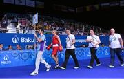 16 June 2015; Kurt Walker, Ireland, accompanied by, from left, Billy Walsh, Zaur Antia and Gerry Storey makes his way to the ring ahead of his Men's Boxing Bantam 56kg Round of 32 bout with Nazirov Bakhtovar, Russia. 2015 European Games, Crystal Hall, Baku, Azerbaijan. Picture credit: Stephen McCarthy / SPORTSFILE