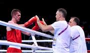 17 June 2015; Adam Nolan, Ireland, with coach Billy Walsh following his Men's Boxing Welter 69kg Round of 32 bout with Alban Beqiri, Albania. 2015 European Games, Crystal Hall, Baku, Azerbaijan. Picture credit: Stephen McCarthy / SPORTSFILE