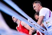 17 June 2015; Adam Nolan, Ireland, with coach Billy Walsh during his Men's Boxing Welter 69kg Round of 32 bout with Alban Beqiri, Albania. 2015 European Games, Crystal Hall, Baku, Azerbaijan. Picture credit: Stephen McCarthy / SPORTSFILE