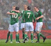 20 August 2008; Republic of Ireland's Robbie Keane, 10, celebrates after scoring his side's first goal with team-mate' Damien Duff, Steven Reid, Aiden Mcgeady and Glenn Whelan. International Friendly, Norway v Republic of Ireland, Ullevall Stadium, Oslo, Norway. Picture credit: David Maher / SPORTSFILE