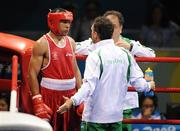 22 August 2008; Head coach Billy Walsh speaks to Darren Sutherland, Ireland, in between the 3rd and 4th rounds during his semi-final bout against James Degale, Great Britain, in the Middleweight, 75kg, contest. Beijing 2008 - Games of the XXIX Olympiad, Beijing Workers' Gymnasium, Olympic Green, Beijing, China. Picture credit: Brendan Moran / SPORTSFILE