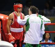 22 August 2008; Head coach Billy Walsh speaks to Darren Sutherland, Ireland, in between the 3rd and 4th rounds during his semi-final bout against James Degale, Great Britain, in the Middleweight, 75kg, contest. Beijing 2008 - Games of the XXIX Olympiad, Beijing Workers' Gymnasium, Olympic Green, Beijing, China. Picture credit: Brendan Moran / SPORTSFILE