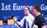 19 June 2015; Ireland's Ceire Smith, accompanied by coach Zaur Antia, celebrates following her Women's Boxing Fly 51kg Round of 16 bout with Camilla Johansen, Norway. 2015 European Games, Crystal Hall, Baku, Azerbaijan. Picture credit: Stephen McCarthy / SPORTSFILE