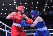 19 June 2015; Ceire Smith, Ireland, right, exchanges punches with Camilla Johansen, Norway, during their Women's Boxing Fly 51kg Round of 16 bout. 2015 European Games, Crystal Hall, Baku, Azerbaijan. Picture credit: Stephen McCarthy / SPORTSFILE
