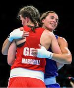 19 June 2015; Nouchka Fontijn, Netherlands, right, and Savannah Marshall, Great Britain, following their Women's Boxing Middle 75kg Round of 16 bout. 2015 European Games, Crystal Hall, Baku, Azerbaijan. Picture credit: Stephen McCarthy / SPORTSFILE