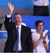 19 June 2015; Ilham Aliyev the President of Azerbajian with the First Lady Mehriban Aiiyev during the Taekwondo finals at the Crystal Hall. 2015 European Games, Baku, Azerbaijan. Picture credit: Stephen McCarthy / SPORTSFILE