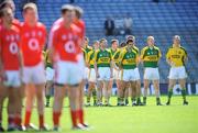 24 August 2008; Players from both Kerry and Cork teams line up during the playing of the national anthem, Amhran na bhFiann, before the start of the game. GAA Football All-Ireland Senior Champship Semi-Final, Kerry v Cork, Croke Park, Dublin. Picture credit: David Maher / SPORTSFILE