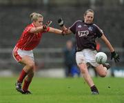 23 August 2008; Claire Hehir, Galway, in action against Brid Stack, Cork. TG4 All-Ireland Ladies Senior Football Championship Quarter-Final, Cork v Galway, Dr. Hyde Park, Roscommon. Photo by Sportsfile