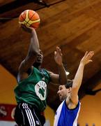 23 August 2008; Tory Jackson, Notre Dame, in action against Magnus Thor Gunnersson, Iceland. Emerald Hoops Day 3, Notre Dame v Iceland, National Basketball Arena, Tallaght, Co. Dublin. Picture credit: Stephen McCarthy / SPORTSFILE