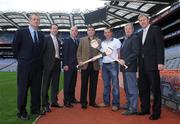 26 August 2008; The 2008 Meteor Kilmacud Crokes All-Ireland Hurling Sevens, now in its 35th year, will see over 40 of Ireland’s top club teams compete in this one day epic hurling tournament. The event will take place on Saturday 6th September with the finals taking place in Kilmacud Crokes GAA Club, Glenalbyn, Stillorgan, Co. Dublin. At the launch of the 2008 Meteor Kilmacud Crokes All-Ireland Hurling Sevens were, from left, Tom Tock, Kilmacud Crokes, Cork's Donal Og Cusack, Conor Carmody, Marketing Director of Meteor, Offaly's Michael Duignan, Waterford team selector Peter Queally, Kilkenny's Richie Power and Tom Barry, chairman Kilmacud Crokes. Croke Park, Dublin. Photo by Sportsfile