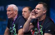 20 June 2015; Team Ireland coaches Billy Walsh, right, Gerry Storey, left, and Zaur Antia watch on as Michaela Walsh, Ireland, takes on Elena Saveleva, Russia during her Women's Boxing Bantam 54kg Round of 16 bout. 2015 European Games, Crystal Hall, Baku, Azerbaijan. Picture credit: Stephen McCarthy / SPORTSFILE