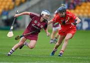 20 June 2015; Ailish O'Reilly, Galway, in action against Pamela Mackey, Cork. Liberty Insurance Senior Camogie Championship, Group 1, Cork v Galway, O'Connor Park, Tullamore, Co. Offaly. Photo by Sportsfile