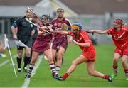 20 June 2015; Aoife Donohue, Galway, in action against Meabh Cahalane, and Leanne O'Sullivan, right, Cork. Liberty Insurance Senior Camogie Championship, Group 1, Cork v Galway, O'Connor Park, Tullamore, Co. Offaly. Photo by Sportsfile