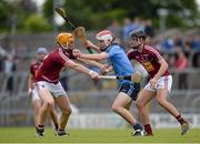 20 June 2015; Paddy Smyth, Dublin, in action against Niall Mitchell, left, and Joe Rabbitte, Westmeath. Electric Ireland Leinster GAA Hurling Minor Championship, Semi-Final, Westmeath v Dublin, Cusack Park, Mullingar, Co. Westmeath.Picture credit: Dáire Brennan / SPORTSFILE