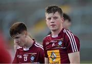20 June 2015; James Goonery, left, and Peadar Scally, Westmeath, dejectedly leave the field after the game. Electric Ireland Leinster GAA Hurling Minor Championship, Semi-Final, Westmeath v Dublin, Cusack Park, Mullingar, Co. Westmeath.Picture credit: Dáire Brennan / SPORTSFILE