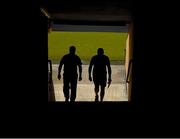 20 June 2015; Longford manager Jack Sheedy, right, and selector Sean Dempsey make their way to the dressing rooms before the game. GAA Football All-Ireland Senior Championship, Round 1A, Longford v Carlow, Glennon Brothers Pearse Park, Longford. Picture credit: Ray McManus / SPORTSFILE