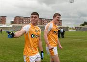20 June 2015; Antrim's Patrick McBride, left, and Owen Gallagher, celebrate after the game. GAA Football All-Ireland Senior Championship, Round 1A, Laois v Antrim, O'Moore Park, Portlaoise, Co. Laois. Picture credit: Piaras Ó Mídheach / SPORTSFILE
