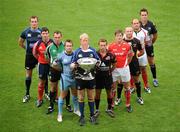 27 August 2008; Leinster captain Leo Cullen with from left Rhys Williams, Cardiff Blues, John Muldoon, Connacht, Denis Leamy, Munster, Alistair Kellock, Glasgow and from right Mike Blair, Edinburgh, Simon Easterby, Llanelli, Tom Willis, Newport Gwent Dragons, Rory Best, Ulster and Lee Byrne, Ospreys at the launch of the 2008/09 Magners Season. RDS, Ballsbridge, Dublin. Picture credit: Matt Browne / SPORTSFILE