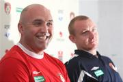 27 August 2008; St Patrick’s Athletic manager, John McDonnell, and goalkeeper Barry Ryan, during a press conference ahead of their UEFA Cup second qualifying round 2nd leg game against IF Elfsborg. Richmond Park, Dublin. Picture credit: Diarmuid Greene / SPORTSFILE