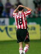 29 August 2008; Mark Farren, Derry City, holds his head after missing a goal chance. eircom league Premier Division, Derry City v Finn Harps, Brandywell, Derry. Picture credit: Oliver McVeigh / SPORTSFILE