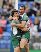 30 August 2008; Rob Kearney, Leinster, celebrates with team-mate Shane Horgan after scoring his side's 4th try against Queensland Reds. Pre-season friendly, Queensland Reds v Leinster, Donnybrook Stadium, Donnybrook, Dublin. Picture credit: Brendan Moran / SPORTSFILE