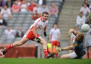 31 August 2008; Conor O'Neill, Tyrone, scores his side's first goal past Meath goalkeeper Padraig Curran. ESB GAA Football All-Ireland Minor Championship Semi-Final, Meath v Tyrone, Croke Park, Dublin. Picture credit: Brendan Moran / SPORTSFILE