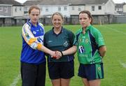 30 August 2008; Wicklow captain Emer Miley shakes hands with London captain Sinead Daly with Referee Eileen Jones. TG4 All-Ireland Ladies Junior Football Championship Semi-Final, London v Wicklow, St. Peregrine's, Blakestown Rd, Dublin. Picture credit: Damien Eagers / SPORTSFILE