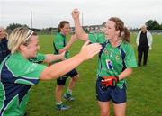 30 August 2008; London captain Sinead Daly, right, and team-mate Karen Keating celebrate victory. TG4 All-Ireland Ladies Junior Football Championship Semi-Final, London v Wicklow, St. Peregrine's, Blakestown Rd, Dublin. Picture credit: Damien Eagers / SPORTSFILE