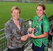 30 August 2008; Geraldine Giles, President of Ladies Football, presents the player of the match award to London's Natalie O'Connor. TG4 All-Ireland Ladies Junior Football Championship Semi-Final, London v Wicklow, St. Peregrine's, Blakestown Rd, Dublin. Picture credit: Damien Eagers / SPORTSFILE