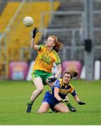 21 June 2015; Evelyn McGinley, Donegal, in action against Laura Burke, Longford. Aisling McGing U21 'B' Championship Final, Donegal v Longford, Markiewicz Park, Sligo. Picture credit: Seb Daly / SPORTSFILE