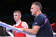 21 June 2015; Dean Walsh, Ireland, with coach Billy Walsh during his Men's Boxing Light Welter 64kg Round of 16 bout against Maxim Dadashev, Russia. 2015 European Games, Crystal Hall, Baku, Azerbaijan. Picture credit: Stephen McCarthy / SPORTSFILE