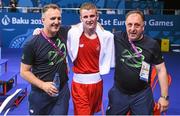 21 June 2015; Dean Walsh, Ireland, with coaches Billy Walsh, left, and Zaur Antia, right, following his Men's Boxing Light Welter 64kg Round of 16 bout against Maxim Dadashev, Russia. 2015 European Games, Crystal Hall, Baku, Azerbaijan. Picture credit: Stephen McCarthy / SPORTSFILE