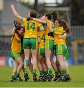 21 June 2015; Donegal players celebrate their team's victory at the final whistle. Aisling McGing U21 B Championship Final, Donegal v Longford, Markiewicz Park, Sligo. Picture credit: Seb Daly / SPORTSFILE