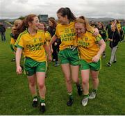 21 June 2015; Donegal's Shannon McGroddy, left, Clodagh Brennan and Amber Barrett congratulate each other follow their team's victory. Aisling McGing U21 B Championship Final, Donegal v Longford, Markiewicz Park, Sligo. Picture credit: Seb Daly / SPORTSFILE