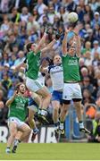 21 June 2015; Fermanagh players, left to right, Tiarnan Daly, Eoin Donnelly, and Richard O'Callaghan, compete against Monaghan players, Kieran Hughes, left, and Dick Clerkin. Ulster GAA Football Senior Championship Semi-Final, Monaghan v Fermanagh, Kingspan Breffni Park, Cavan. Picture credit: Dáire Brennan / SPORTSFILE