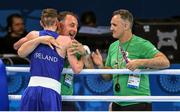 22 June 2015; Brendan Irvine, Ireland, with coaches Zaur Antia, left, and Billy Walsh, following his victory over Salman Alizada, Azerbaijan, during their Men's Boxing Light Fly 49kg Quarter Final bout. 2015 European Games, Crystal Hall, Baku, Azerbaijan. Picture credit: Stephen McCarthy / SPORTSFILE